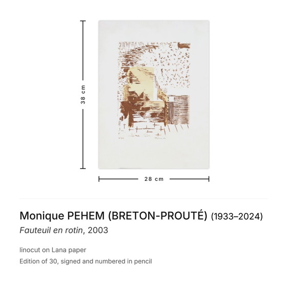 Image 1 of Monique PEHEM (BRETON-PROUTÉ) Rattansessel Signierter Linolschnitt 2003