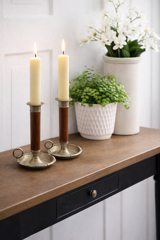 Pair of Brass and Wood Candlesticks,  the 1950s