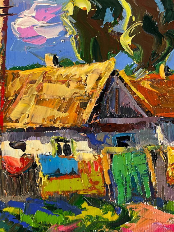 Image 1 of Peinture à l'huile originale représentant un paysage champêtre, une cour de maison et un week-end paisible au village.