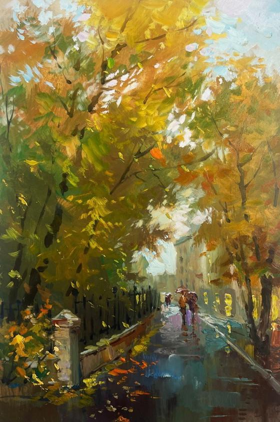 Image 1 of Peinture à l'huile originale, paysage urbain d'automne. Promenade dans un parc urbain en automne.