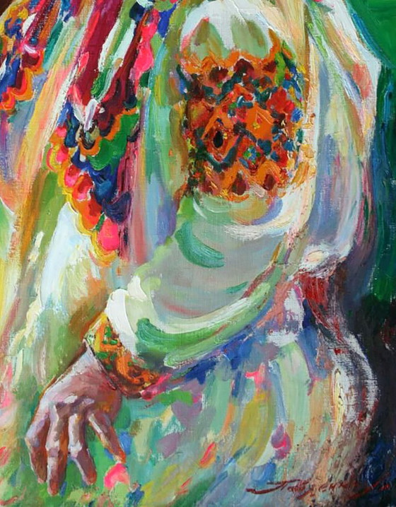 Origineel olieverfschilderij: Portret van een oude vrouw in traditionele feestkleding. (photo 5 of 5)