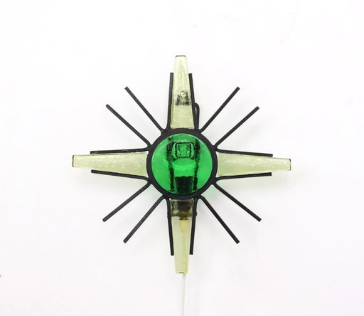 Vintage metal sunburst wall lamp with green glass, 1960s