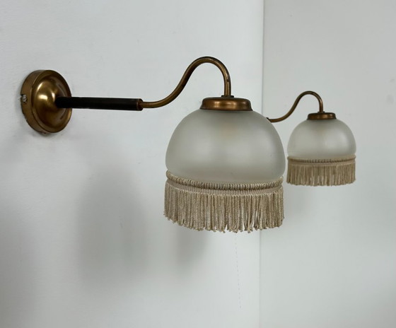 Image 1 of Pair of vintage wall lights, brass and frosted glass, France, 1970