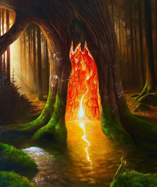 Original Oil Painting Tree Landscape Fantasy The Secret in the Forest – schilderijen tekeningen, Canvas