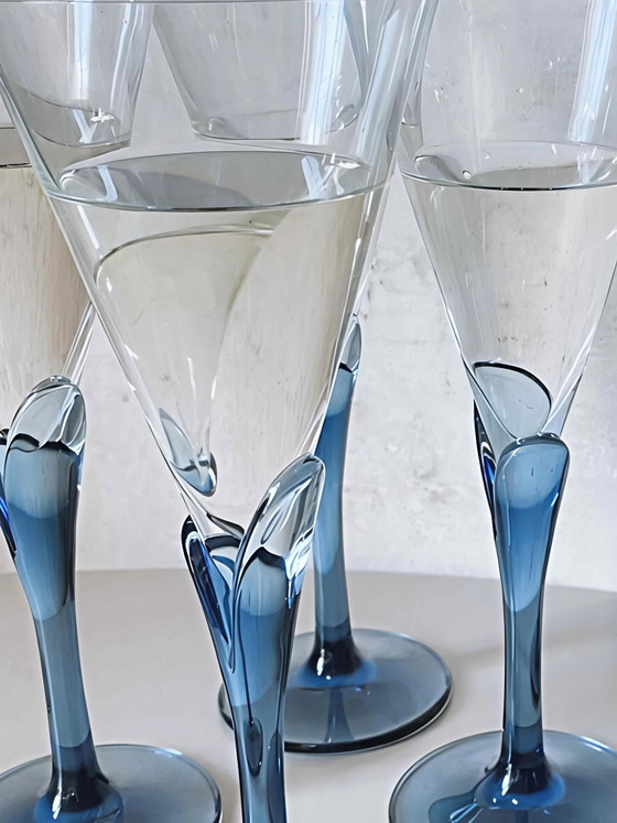Image 1 of Set van 6 Vintage Luminarc "Lilas" Champagneglazen – Saffierblauw – Jaren '80/'90 (Mint)