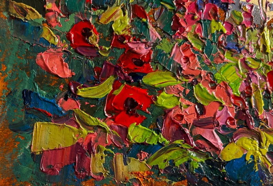 Image 1 of Original Oil Painting Summer Flowers Landscape Mallows are blooming in the garden