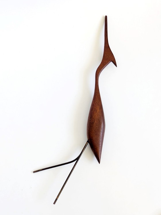 Image 1 of Teakhouten kraanvogelsculpturen uit het midden van de 20e eeuw, Deense modernistische houten vogels op een sokkel, decoratie uit