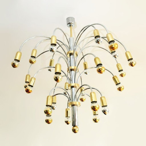 Vintage chrome-plated and gilded metal chandelier with 24 lights, Germany 1970