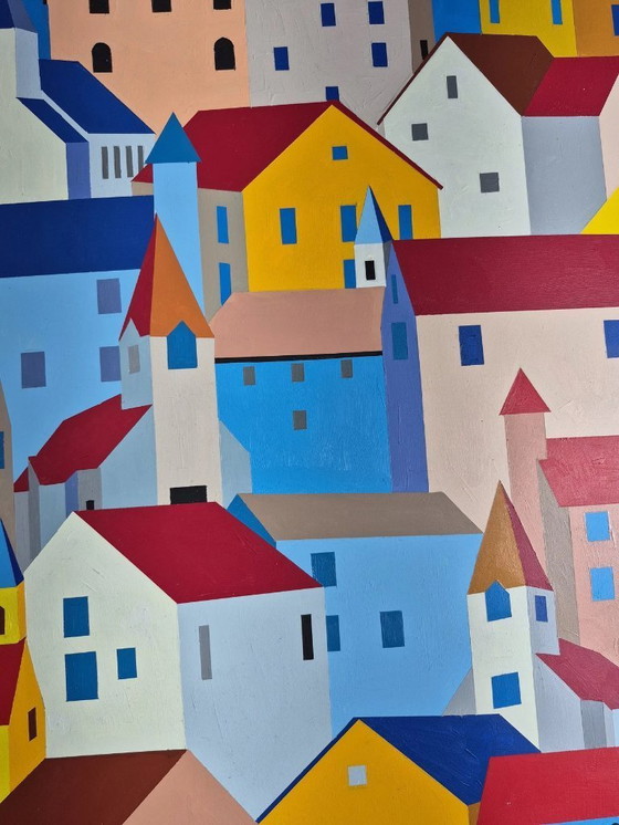 Image 1 of Paisaje urbano abstracto "Casas llenas" - pintura en color sobre MDF de Franklin van Dam (95x95 cm)