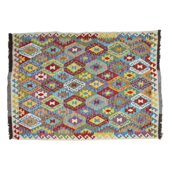 Handgewebter afghanischer Kelim-Teppich – Maimana-Wolle, geometrisches Muster (210 x 164 cm) (photo 5 of 5)