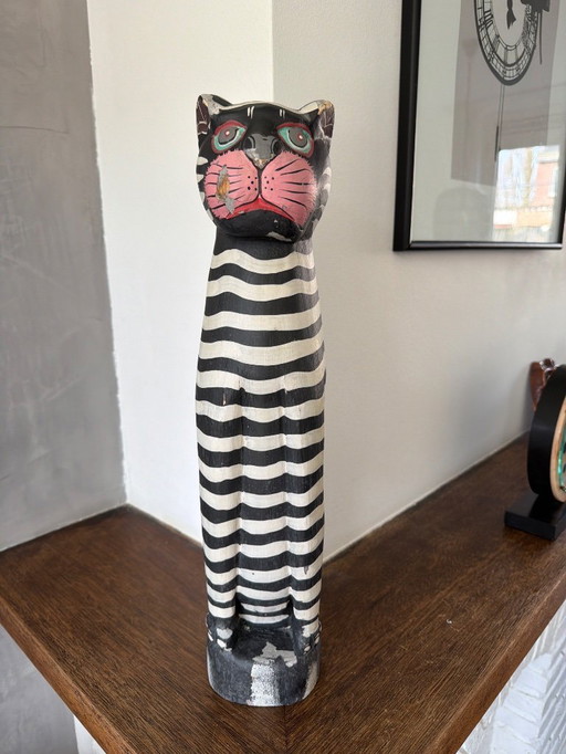 Vintage houten kat zwart wit 46cm hoog
