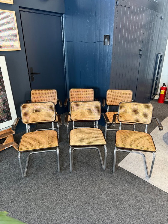Image 1 of 6x - Originele Vintage Thonet Stoelen S 64 V - Marcel Breuer Met Armleuningen