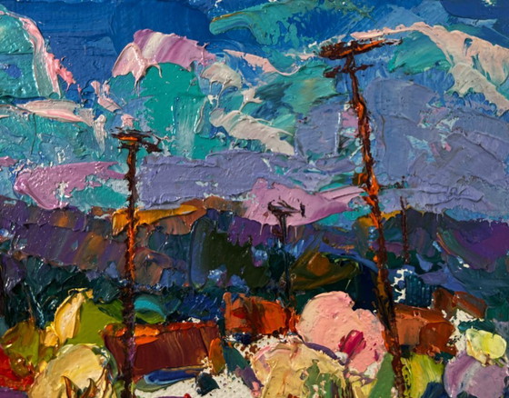 Image 1 of Original Oil Painting Summer Village Landscape Quiet fields under the open sky