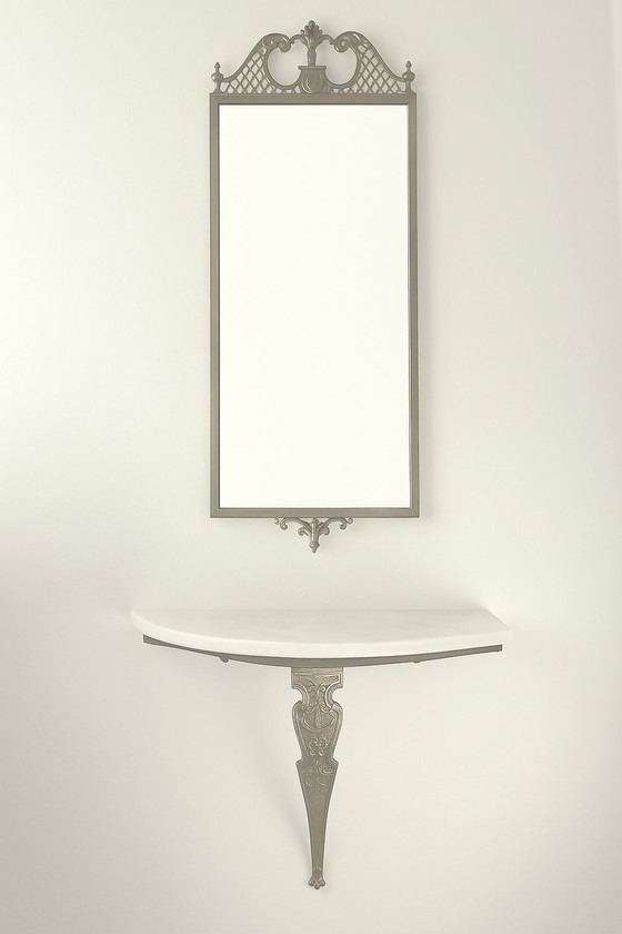 Image 1 of Chic Wall Console With Mirror - Marble & Brass Ornaments