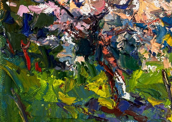 Image 1 of Original Oil Painting Village Day Landscape Petals under the warm spring sun