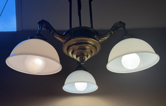 Image 1 of Rare Art Nouveau pendant lamp | 3 perfect original opal glass shades | 1905–1925