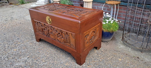 Chinese Wood Carving Box, Crested Box, Blanket Box Dimensions 101x51cm and 59cm High
