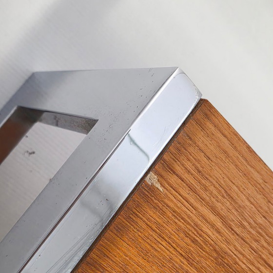 Image 1 of Vintage salontafel uit de jaren 60 van verchroomd staal met teakfineer en glazen blad. DLG Belgo Chrome