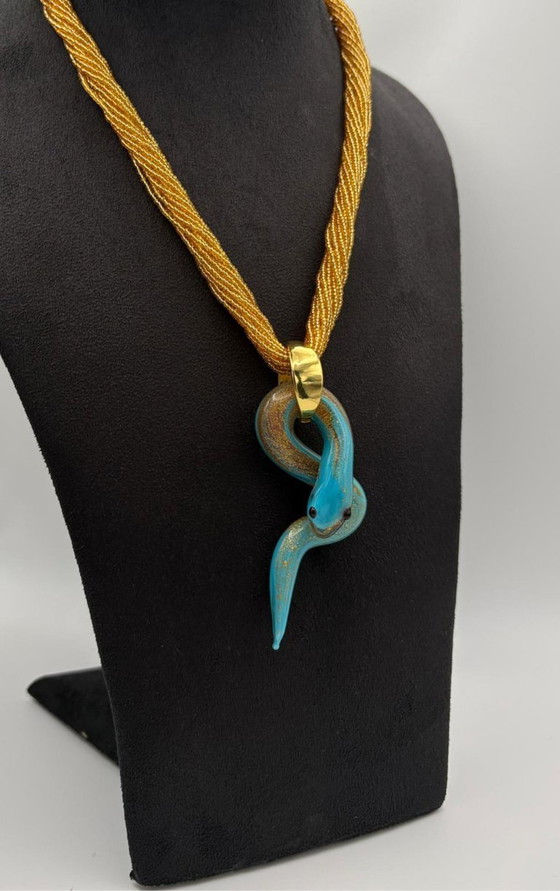 Image 1 of Murano Glass Chalcedony Snake Necklace with Gold Leaf – Venetian Handcrafted Sculpture