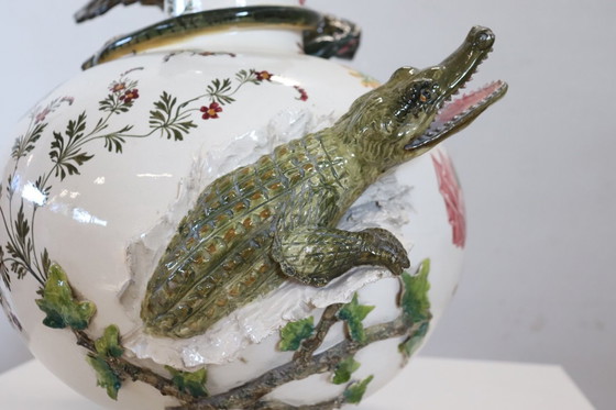 Image 1 of Majestic Ceramic Vase with Eagle and Crocodile, Italy Early 20th Century