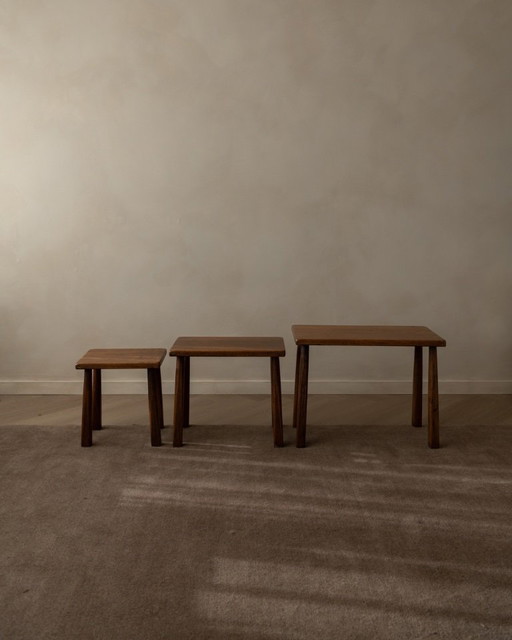 Vintage Brutalist Solid Oak Nesting Tables (Set of 3) – Dutch, 1970s