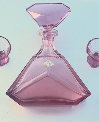 Decanter in cristallo rosa Art Déco con bicchieri, set da 3