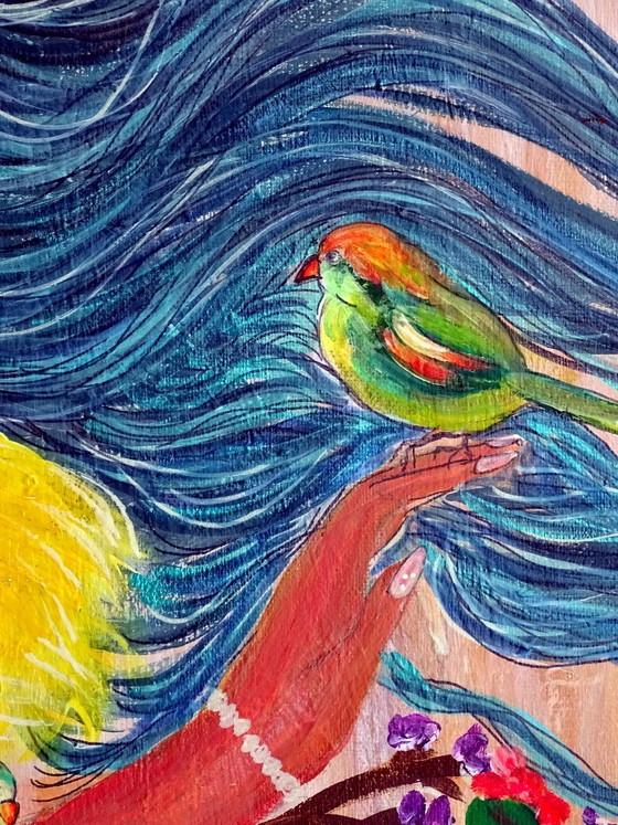 Gemälde Frau mit blauen Haaren und Vögeln, Gemälde & Zeichnungen, Holz, Leinwand, Gelb, Figuratief (Foto 6 von 10)