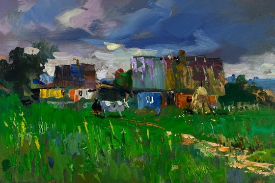 Image 1 of Original Oil Painting Summer Village Landscape Rural idyll with huts and cattle