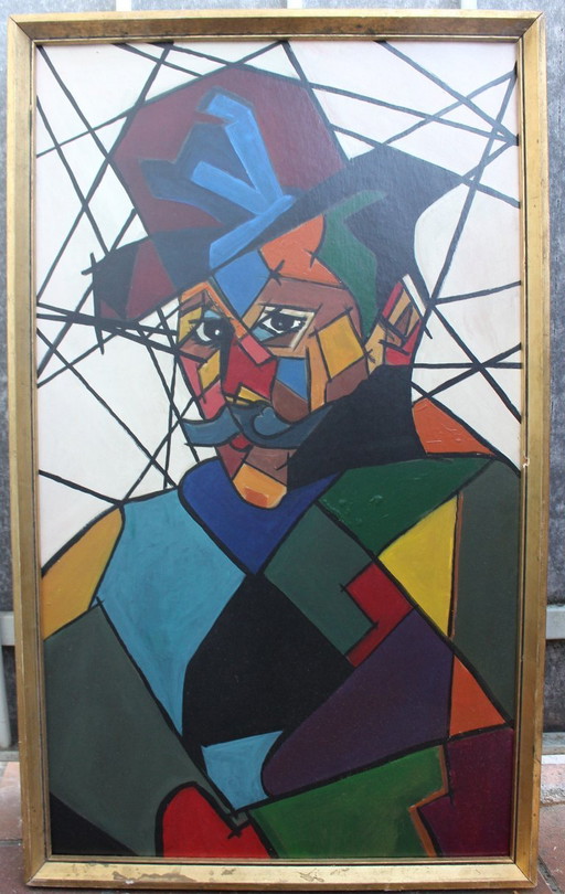"Man in Hat" Contemporary Cubist Style Figurative Acrylic Painting Framed