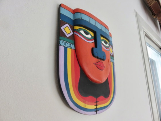 Image 1 of Masque aztèque « Laurel Burch », maya, bois peint à la main, pop art, 1980