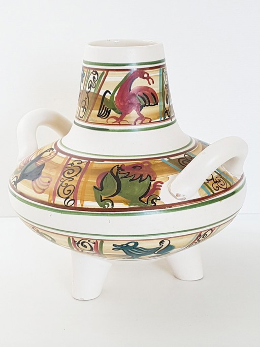 Large Bayeux earthenware ceramic tripod vase with handles, 1950s vintage