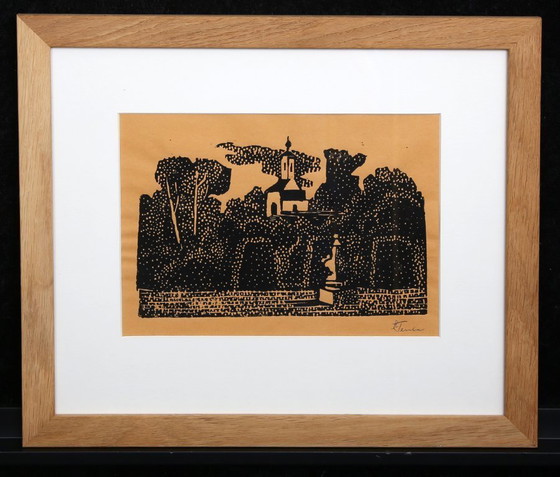 Image 1 of Teuber, Hermann - Petite église - Linogravure - encadrée - signée à la main