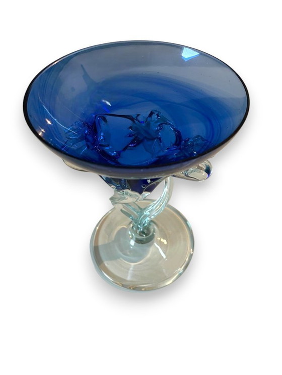 Image 1 of Krosno Poolse Gass Art Compote – Kobaltblauwe kom op gedraaide, transparante steel