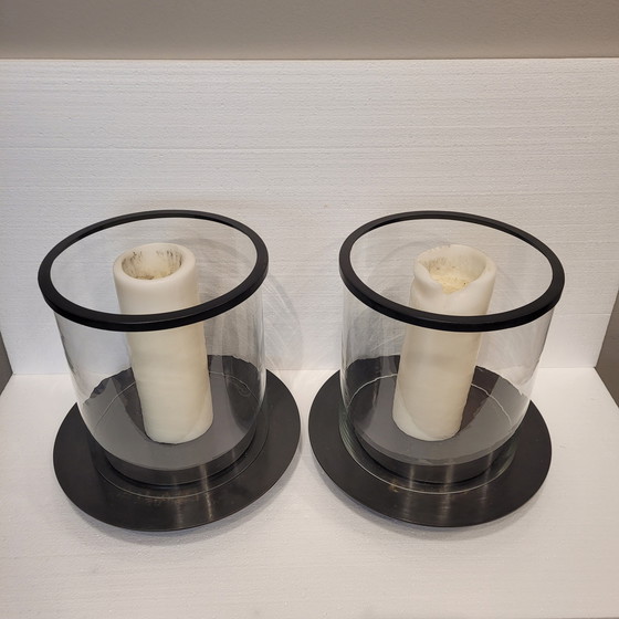 Image 1 of Paar Kerzenhalter, Photophoren, Kerzenständer, Glas und Metall, 90er Jahre – Frankreich