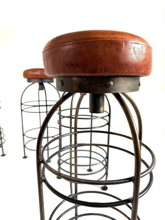 Image 1 of 8x vintage bar stool, wrought iron & leather '80s
