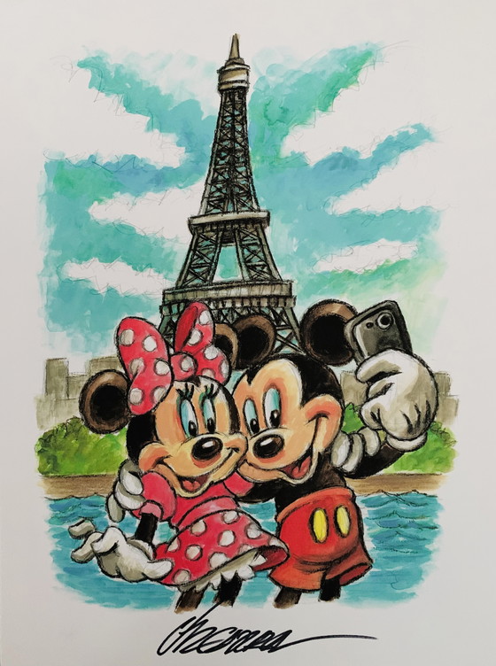 Image 1 of Joan Vizcarra: "Mickey & Minnie Mouse In Paris" Artist Proof A.P., Hand Signed.  Includes Certificate of Authenticity.