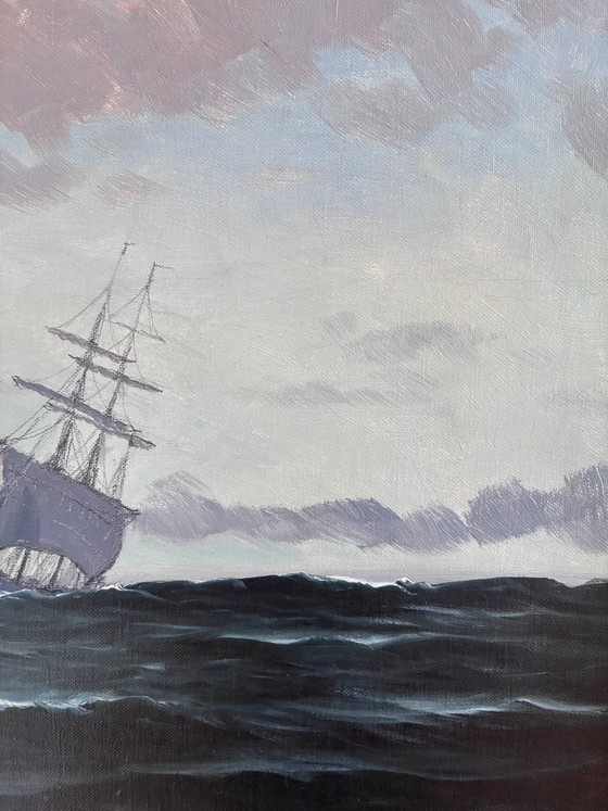 Image 1 of Peinture à l'huile originale vintage représentant une marine, signée, art de voilier