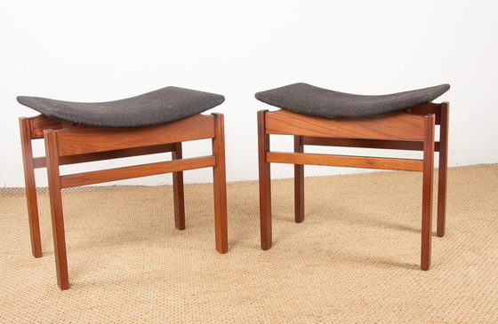 Image 1 of Coppia di sgabelli danesi in teak massello e tessuto, modello 193 di Inger Klingenberg per France & Daverkosen, 1960.