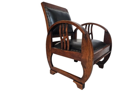 Image 1 of Art Deco - Arm Chair - Clubfauteuil - gebeitst hout - leren bekleding - Frankrijk - 1930's