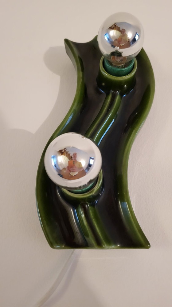 Brunnquell wall lamp, green, very rare, wave shape, 1960s, 1970s, 1980s, ceramic, stoneware – Wall lights (photo 3 of 6)