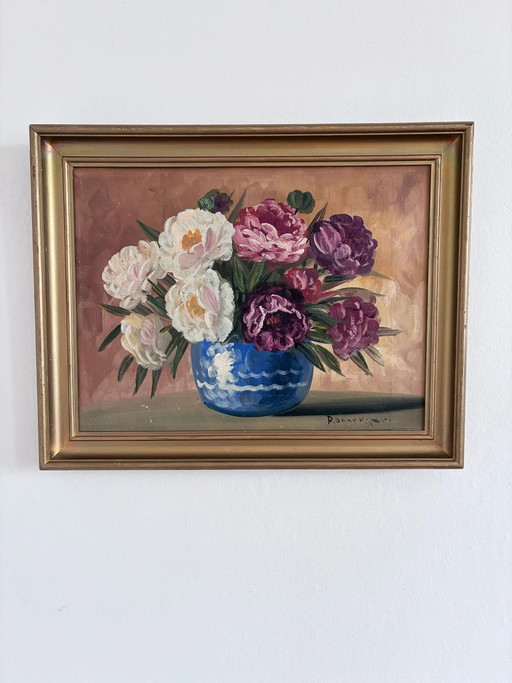 Peinture à l'huile florale originale vintage, signée.