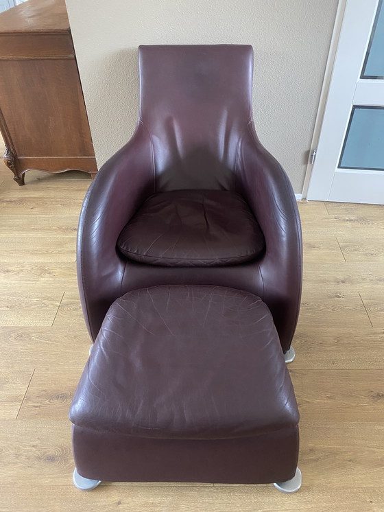 Image 1 of 2 vintage Montis Loge armchairs with aubergine leather backrest