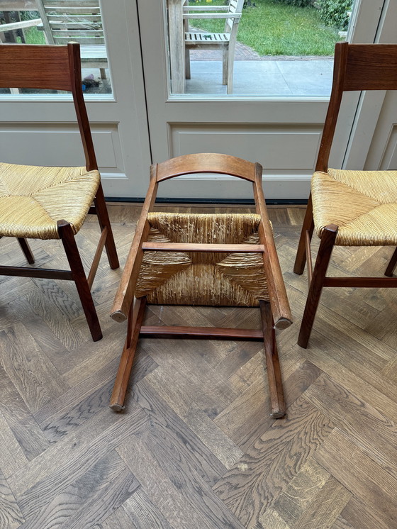 Image 1 of Set van 4 Scandinavische vintage stoelen van teakhout en stro, 1960 