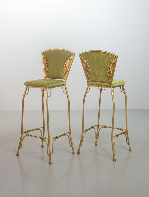 Glamoureuze vergulde Cobra barkrukken met frisse limoengroene fluwelen bekleding, jaren 1970. Set van 2.