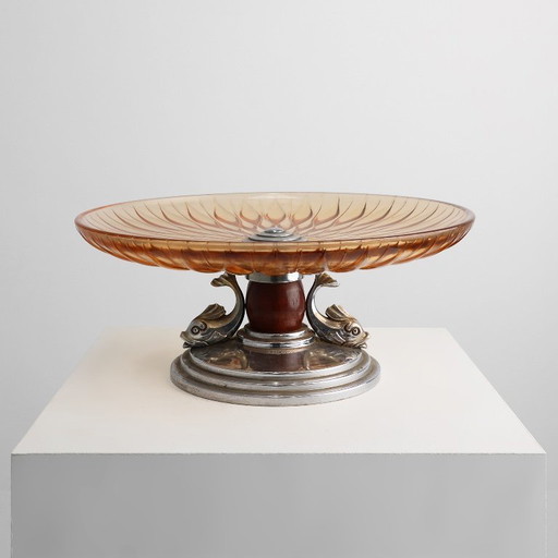 Art Deco Obstschale aus Glas und Metall, Frankreich, um 1940