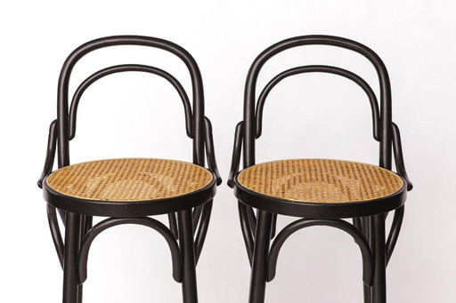 Pair of Bentwood Bar Stools with Vienna Cane Seats – Thonet Style, Black Beechwood, Italian Vintage 1980s
