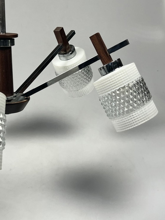 Image 1 of Vintage Kroonluchter, Chroom Met Glas En Hout, België 1970's