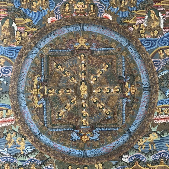 Dipinto Thangka Mandala Tibetano Incorniciato – Arte Murale Sacra Buddista H 48.5 x L 41 cm (photo 2 of 4)