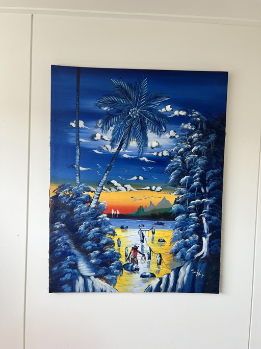 Großes karibisches Küstenlandschaftsgemälde – 116 x 90 cm
