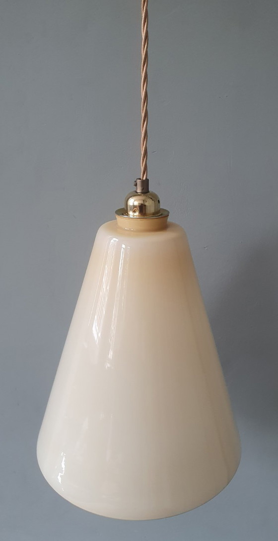 Image 1 of Large Vintage Opaline Conical Pendant Lamp in Amber / Soft Yellow Art Deco Style